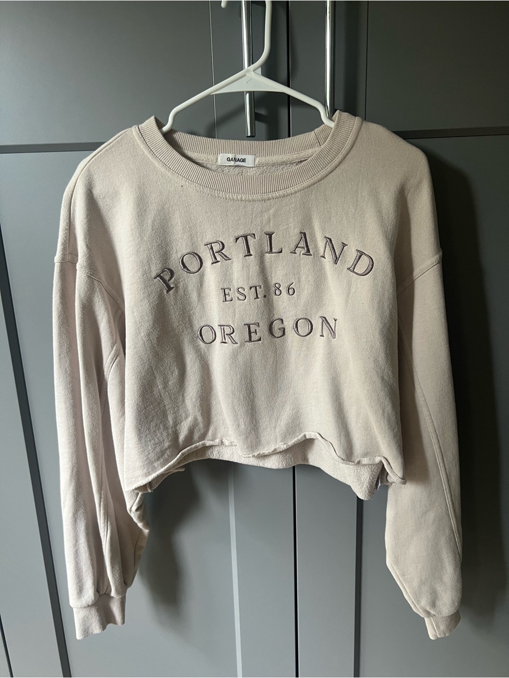 Garage Cropped Beige 'Portland Oregon' Sweatshirt